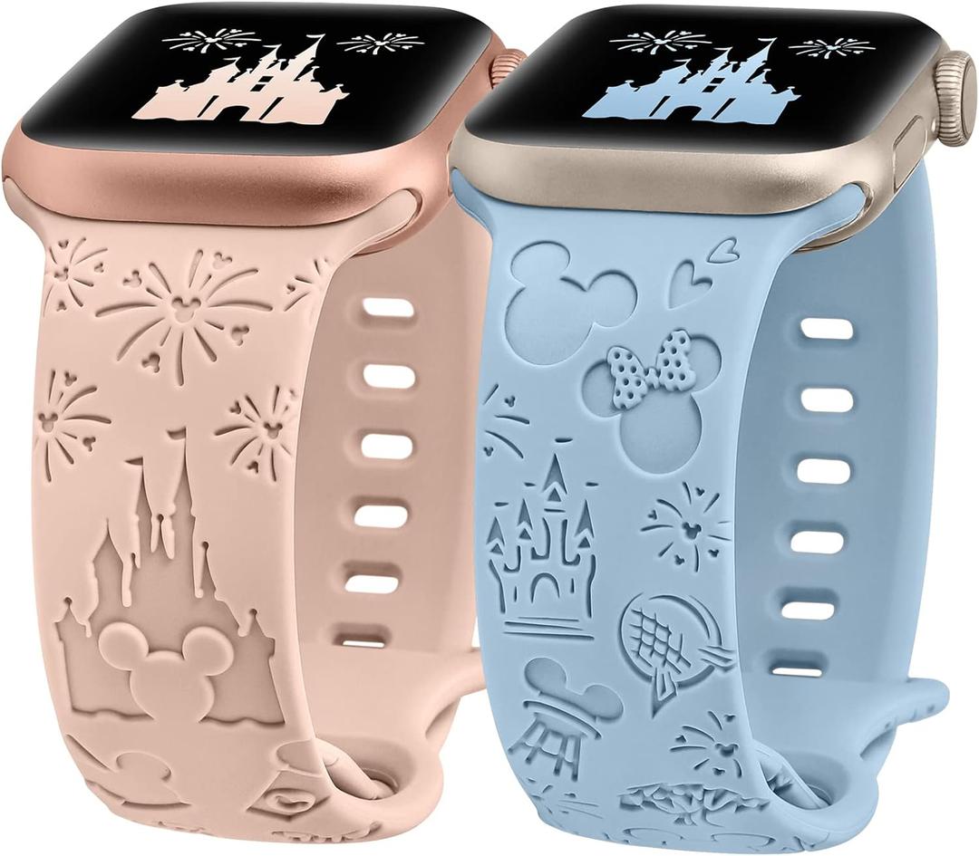 2 Packs Cartoon Engraved Band Compatible with Apple Watch Band 38/40/41/42/ 44/45/ 46/49mm Women, Cute Designer Soft Silicone Strap for iWatch Series 11 10 9 8 7 6 5 4 3 SE/Ultra 3 2 1 (Pink & Baby Blue)