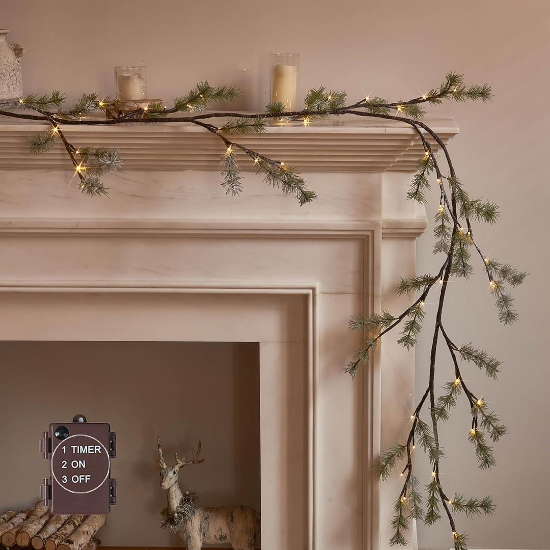 BAOLITVINE Christmas Pine Garland with Timer 6FT, Lighted Vine Garland Battery Operated with 48 LED Lights for Fireplace Mantle Table Wall Christmas Decorations Inside Outside