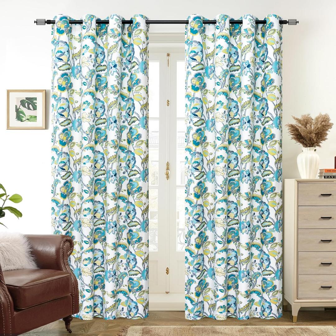 DriftAway Floral Blackout Seafoam Curtains 84 Inch Length for Living Room Bedroom 2 Panels Lined Grommet Window Drapes Thermal Rustic Farmhouse Classic America Style Curtains