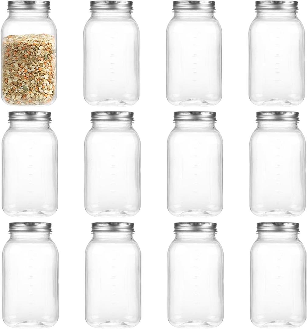 32 Ounce Clear Plastic Mason Jars With Screw On Lid, Reusable Empty Jars for Food Storage, Round BPA Free Containers for Sealing, Dry Food, Snacks, Candies, Breakage-proof (Silver - 12 Pack)