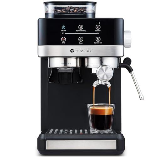 tesslux Espresso Machine with Grinder, 20 Bar Compact Espresso Maker with Milk Frother Steam Wand, Professional Coffee Machine for Home, Touch Control, Cappuccino & Latte Maker