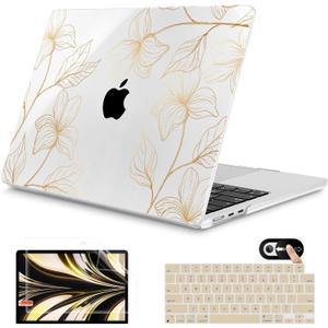 Mektron for 2025 M4 MacBook Air 13.6 Inch A3240 Case Fits 2023 A2681 M2 2024 A3113 M3 Chip with Liquid Retina Display Touch ID, Printed Plastic Hard Shell Cover for MacBook Air 13.6", Gold Flower S718