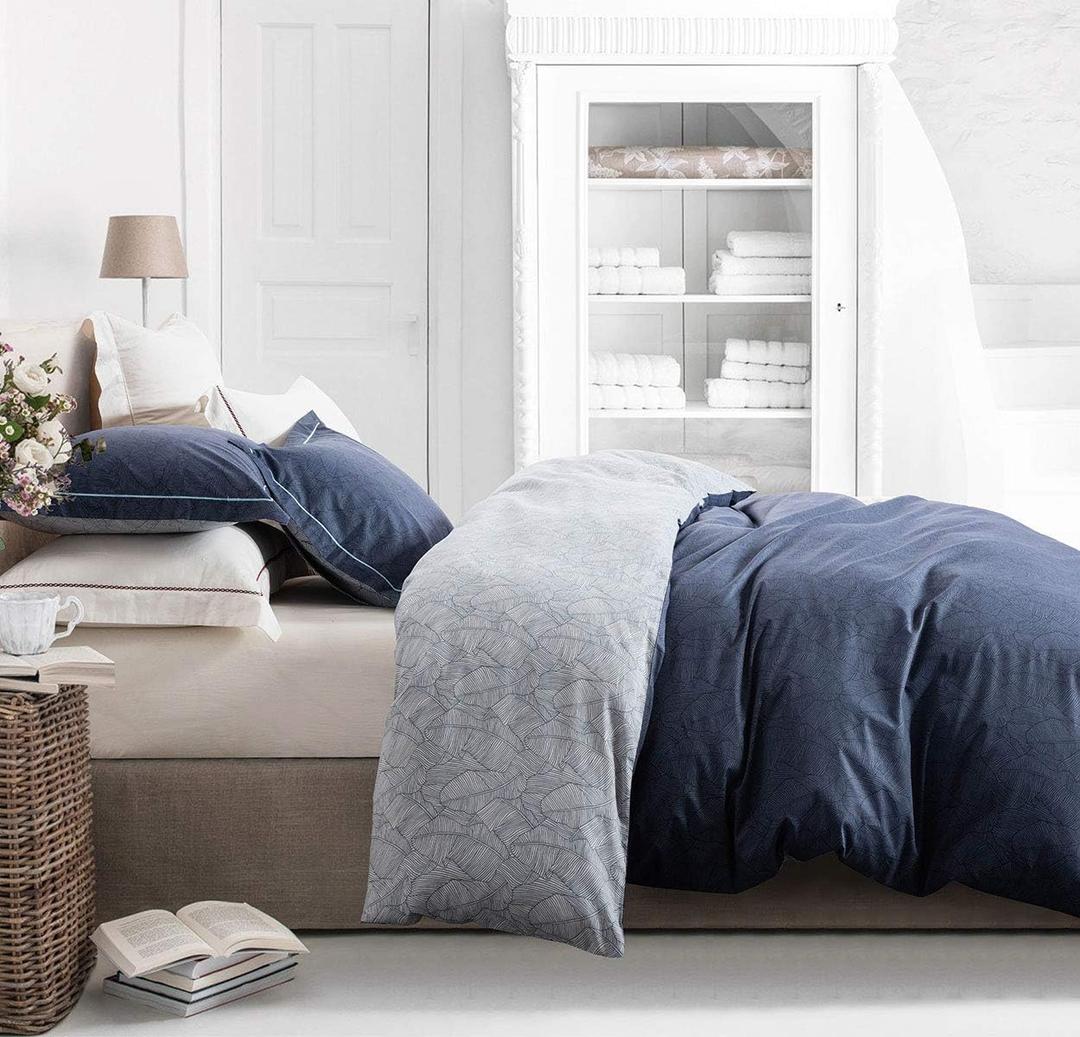SLEEPBELLA Duvet Cover Twin Size, 600 Thread Count Cotton Navy & Grey Printed with Luxurious Blue Leaves Pattern Reversible Botanical Comforter Cover Sets, Bedding Set 2Pcs (Navy-Blue Leaves) (Twin 68"x90")