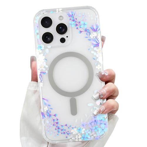 LSL Designed for iPhone 16 Pro Case [Drop Protection/Compatible with Magsafe] Cute Flower Magnetic Phone Case for Women Girly TPU Bumper Floral Cover Purple