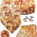 GUSLESON 3.15"8cm Mens Floral Tie and Lapel Pin Necktie Hankerchief Cufflinks Set for Men (Light Orange)