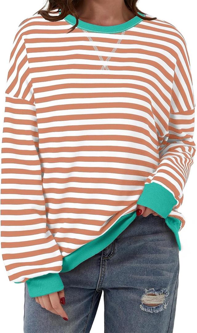 AlvaQ Womens Oversized Sweatshirt 2024 Casual Crewneck Long Sleeve Colorblock Striped Pullover Tunic Tops Outfits (Blue, L)