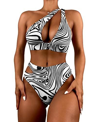 WDIRARA Women's 2 Piece Zebra Print Cut Out One Shoulder High Waist Bikini Set Swimsuit Black and White, M
