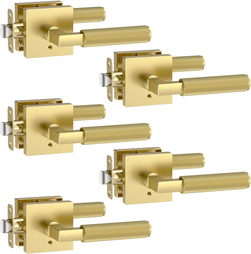 Amerdeco 5 Pack Privacy Door Handles,Brushed Gold Door Handles Interior,Knurled Gold Door Lever, Heavy Duty Bedroom and Bathroom Door Handles with Lock,Reversible Keyless for Right & Left Side AM0021