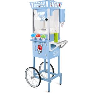 Nostalgia Snow Cone Shaved Ice Machine - Retro Cart Slushie Machine Makes 72 Icy Treats - Includes Metal Scoop, 2 Syrup Bottles, 100 Paper Cups/Spoons, Storage Compartment, Wheels - Blue, 54" Tall