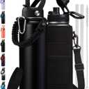 40 oz Insulated Water Bottle - Cold 48H & Hot 24H, Reusable Metal Water Bottle Hydro Cup with Paracord Handle Straw Spout Lids, Carrier Bag, Wide Mouth Thermal Mug for Sports Fitness Hiking (Black)
