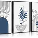 3Pcs Navy Blue Boho Wall Art Abstract Bohemian Canvas Poster Print Geometric Botanical Lines Picture Minimalist Mid-Century Modern Painting Wall Decor for Bathroom Bedroom Office 16x24in Unframed (24L" x 16W")