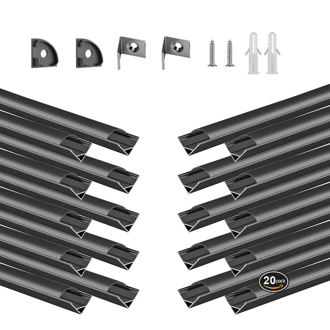 BTF-LIGHTING 20-Pack 1.64ft / 0.5m V-Shaped Black LED Aluminum Channel System with Black Cover Lens,Aluminum Extrusion Track Housing Profile Diffuser for 8/10mm SMD/FCOB LED Strip Lights(No LED)