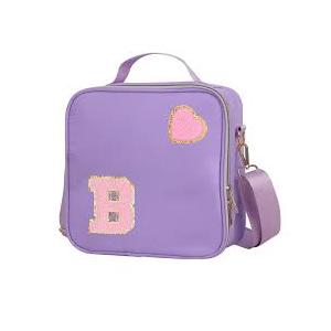 Insulated Nylon Lunch Box for Girls, Kids, and Women-Stylish Pink Preppy Large Lunch Bag with Adjustable Strap and Chenille Letter 'C', Tote for School, Travel, and Picnics-Ideal Preppy Stuff Choice