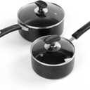 Nonstick Saucepan Set with Lid, Non Stick 1.5QT & 2.5QT Sauce Pan Set with Glass Lid Small Pot for Home Kitchen (Black)