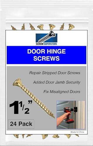 Door Hinge Screws Extra Long #9 x 1-1/2" – Polished Brass Finish Wood Screws – Door Security Screws for Sagging Door Repair, Heavy Duty Steel, 24 Pack Pack Of 2
