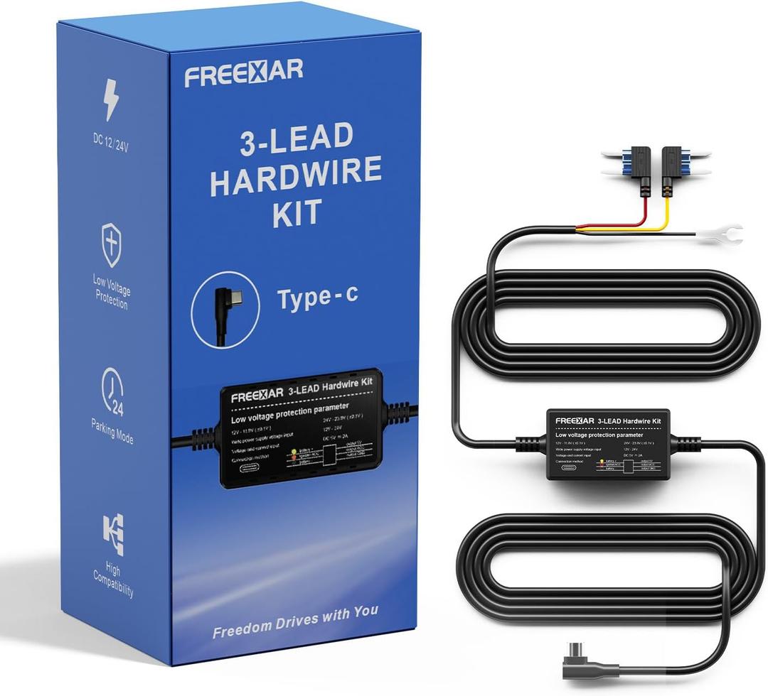 Dash Cam Hardwire Kit, Acc Hardwire Kit (12V24V to 5V) USB-C Power Cable for Dash Camera, 24H Parking Mode with Low Voltage Protection, Mini Blade Fuse Included