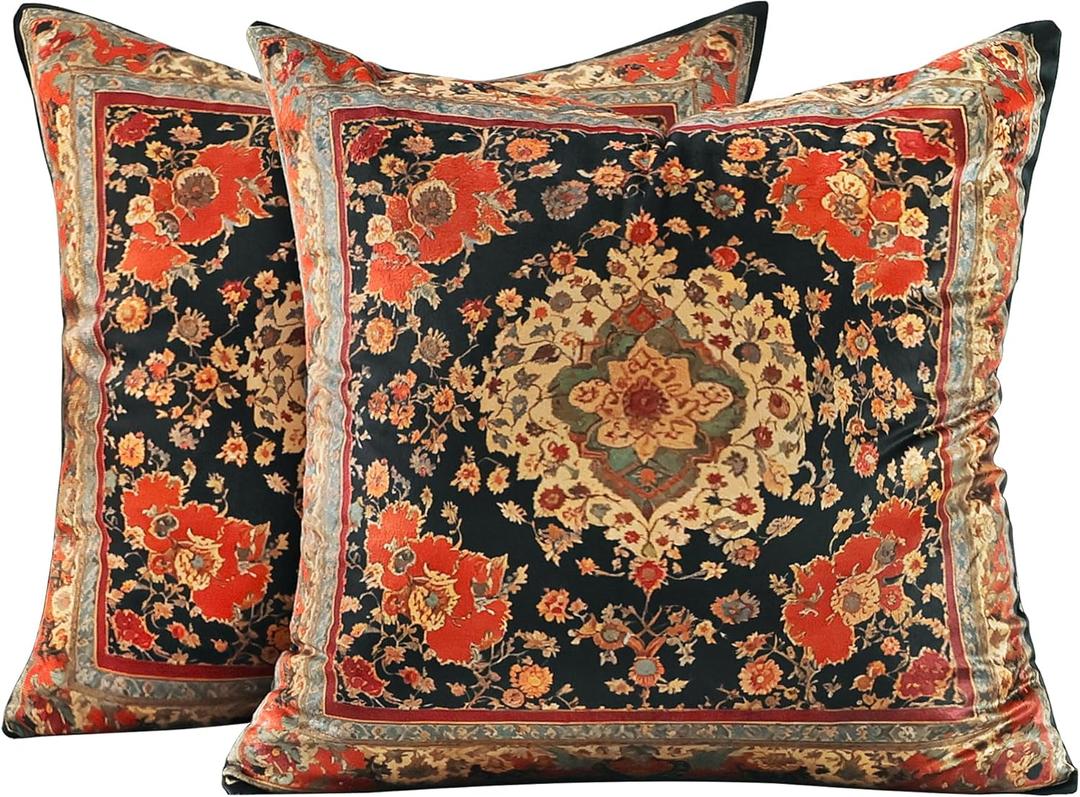 Vintage Floral Soft Velvet Throw Pillow Covers 18x18 In Boho Pillowcases, Turkish Antique Ethnic Tribal Decor Double Sided Pattern Cushion Cover for Sofa, Living Room, Farmhouse, Black, 2 Pack