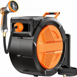 Retractable Garden Hose Reel 5/8 x 100ft, Auto Rewind Hose Reels for Outside, Heavy-Duty Wall-Mounted Outdoor Hose, 10-Mode Nozzle, Adjustable Length, 180 Rotation for Watering, Car Washing