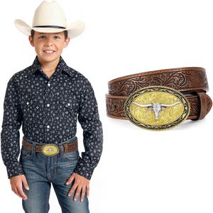 Kids Western Belt for Boys Girls, Embossed Genuine Leather Cowboy Cowgirl Belt for Jeans Pant Dresses Gift (fit waist size 23"-26", A Bull-coffee)