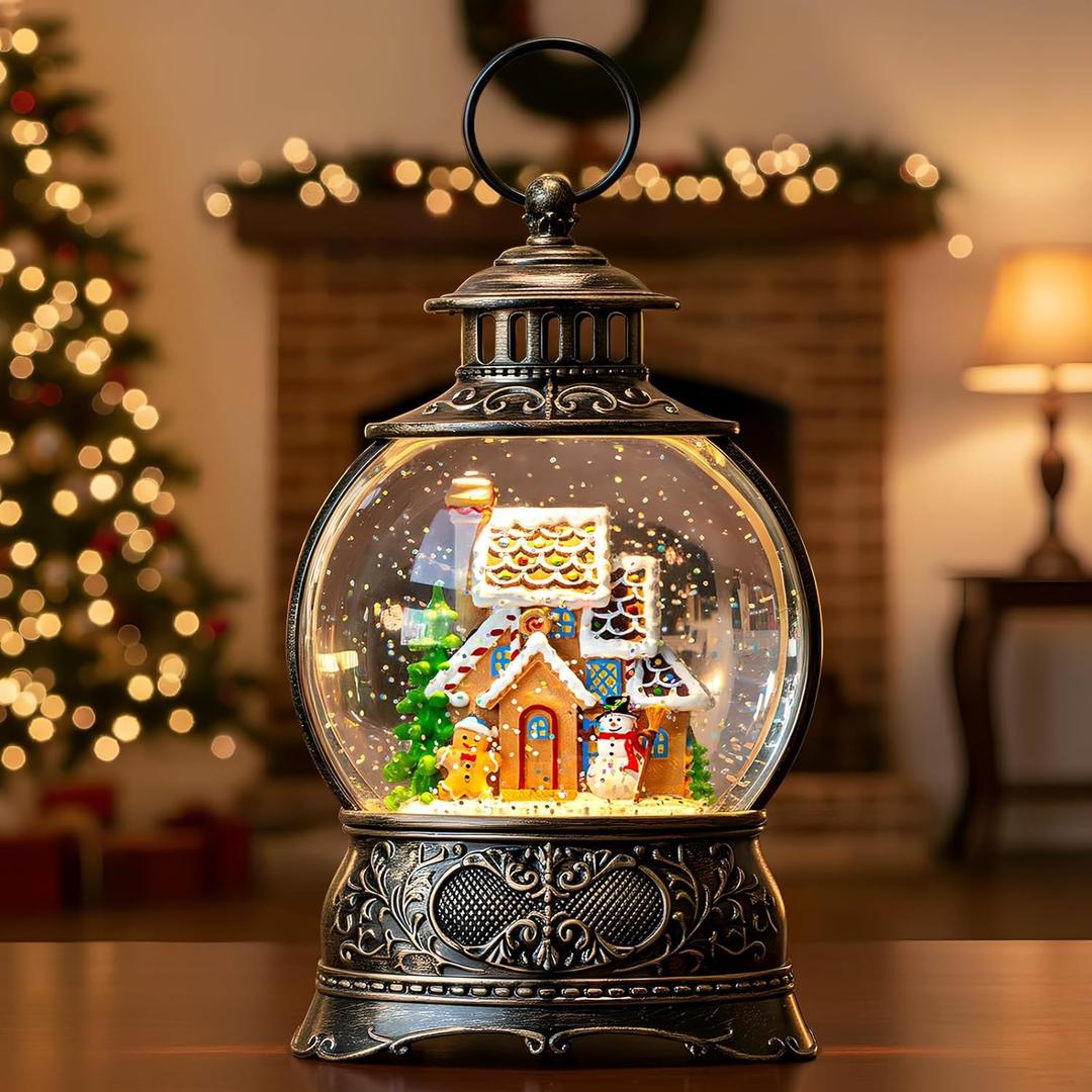 Christmas Snow Globes Christmas Water Lantern with Gingerbread Man & Snowman, Music & 6H Timer, USB Lined/Battery Operated Lighted Lanterns for Xmas Festival Decoration Gifts (10" Gingerbread House)