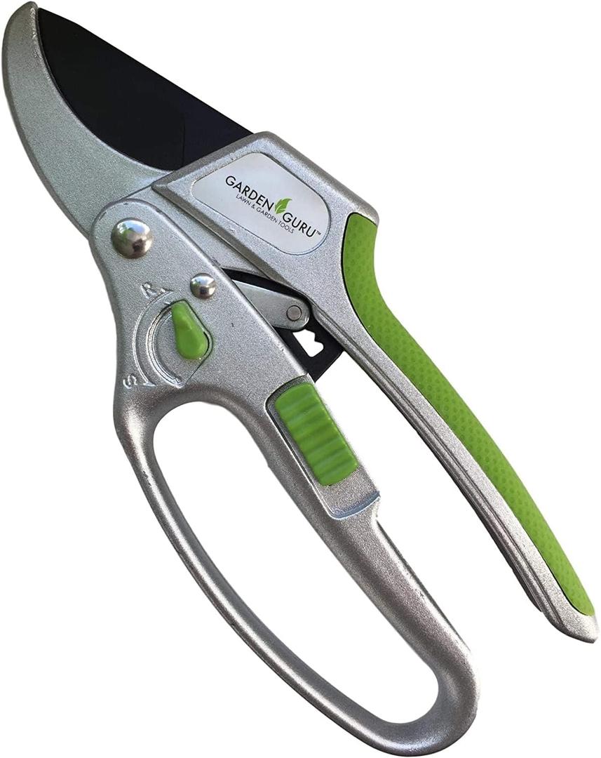 GARDEN GURU 2 in 1 Ratchet Pruning Shears Clippers  4X Cutting Power  Ratcheting Garden Anvil Pruners Scissors - Ergonomic Grip - Makes Tough Cuts Easy - Great for Seniors & Arthritic Hands (1 Pack)