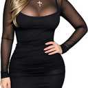MOEENCN Sexy Long Sleeve Mini Dress for Women Sheer Mesh Printed 2 Piece Skirt Set Crew Neck See Through Bodycon Clubwear, Large