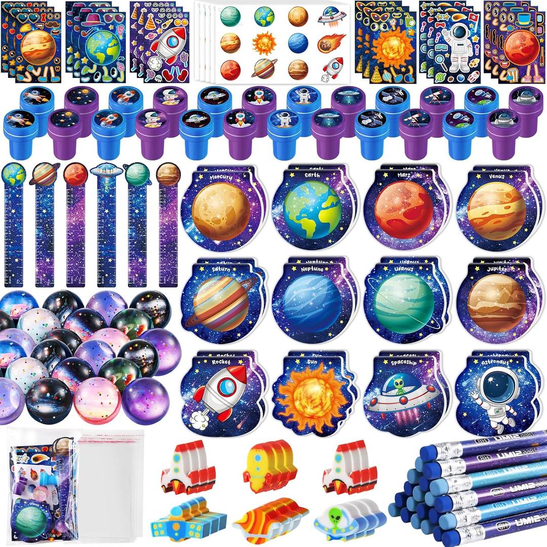 BenLouis 108Pcs Outer Space Themed Party Favors Space Alien Sticker Stampers School Stationery Set Bulk Classroom Prizes for Astronaut Planet Birthday Party Goodie Bags Fillers