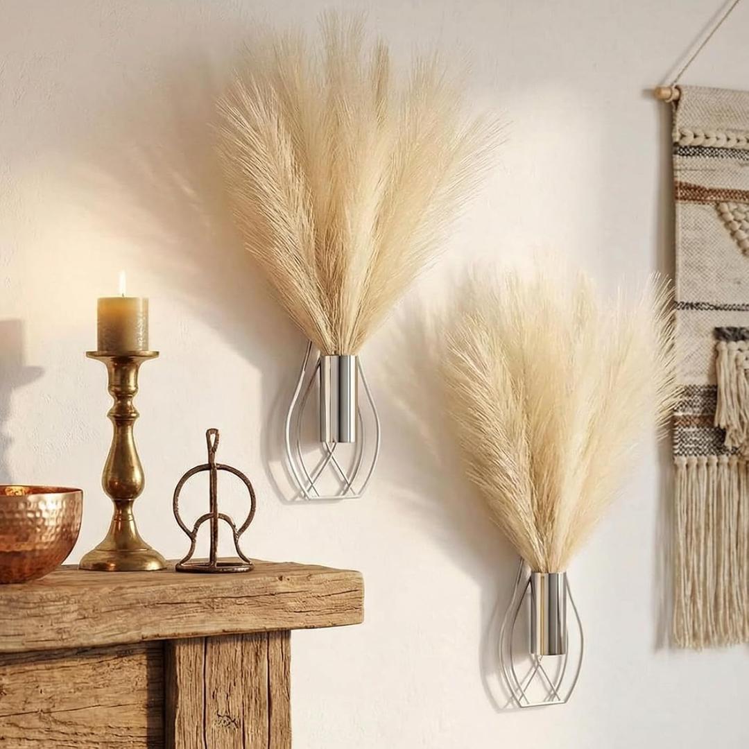 Otoolling 2 Pieces Hanging Plant Wall Decor with Artificial Pampas Grass Metal Hanging Vase Modern Geometric Farmhouse Bohemian Wall Art for Living Room Bedroom Kitchen Office (Silver, Beige)