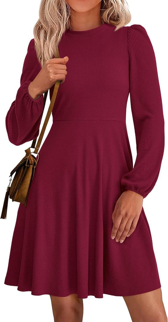 PRETTYGARDEN Women's Long Sleeve Mini Dress 2026 Fall Trendy Crewneck Ribbed Knit Soft A Line Flowy Summer Formal Dresses (Wine Red, Large)