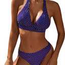 Women's Mid Rise Bikini Suit Halter Neck V Tie Push Up Front Classic Polka Dot Two Swimsuit (Blue, XL)