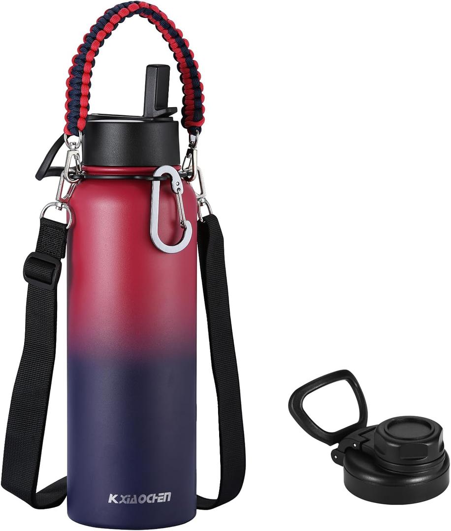 KXIAOCHEN Insulated Water Bottle, Stainless Steel Water Bottle, 2 Lids (Straw and Handle Lid),Wide Mouth Metal Water Bottles Keep Hot and Cold, Double Walled, Thermo Mug, Metal Canteen (40 Ounces, Dark Rainbow)
