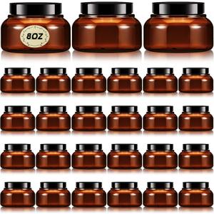 Tessco for you 24 Pack 5/8oz Plastic Jars with Lids Labels Multiuse Slime Containers Empty Body Scrub Jars Round Refillable Cosmetic Body Butter Containers for Makeup Travel(8 oz,Brown)