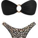 ZAFUL Women's Bandeau Tie Spaghetti Strap Bikini Textured O Ring Ruched High Leg Swimsuit Cheeky Bathing Suits, Leopard, Small