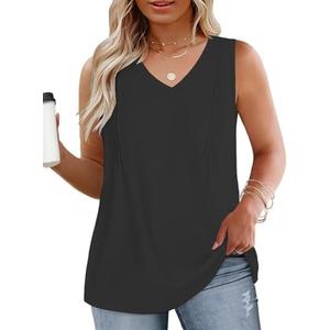 DOLNINE Plus-Size-Womens-Tank-Tops Summer V Neck Sleeveless Shirts Cute Flowy Pleated Blouses Casual Loose Fit Tunics, XL