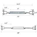 Goaste 2 Pack 1/2 Inch M12 Turnbuckle Hook, Hot Dipped Galvanized Steel Jaw and Jaw Turnbuckle, Heavy Duty Turnbuckle with 2205 lbs Working Load Limit for Tractor Sun Shades Cables Tent Installation