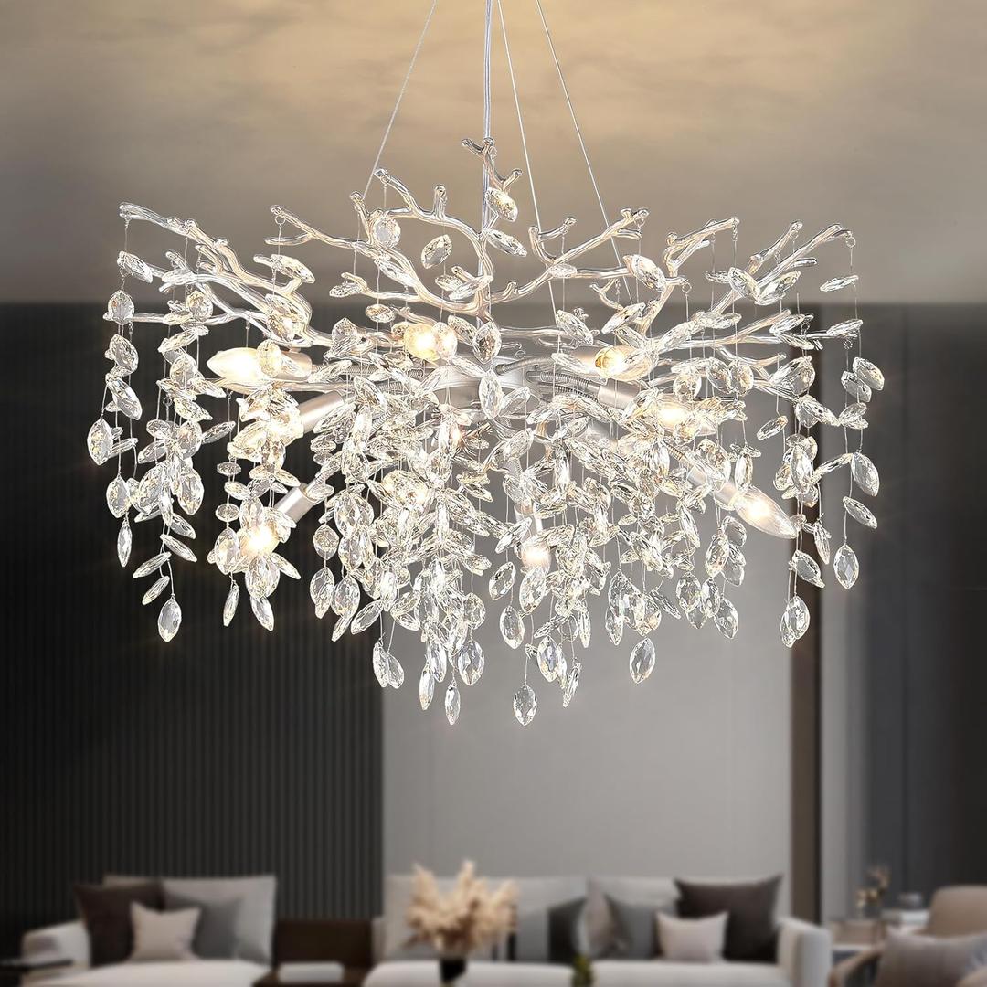 EGM 32-Inch Silver Tree Branch Chandelier for Living Room, Modern Crystal Chandelier for Bedroom, 10-Light Silver Crystal Chandeliers for Dining Room, Raindrop Leaf Chandeliers for Home Dcor, E12