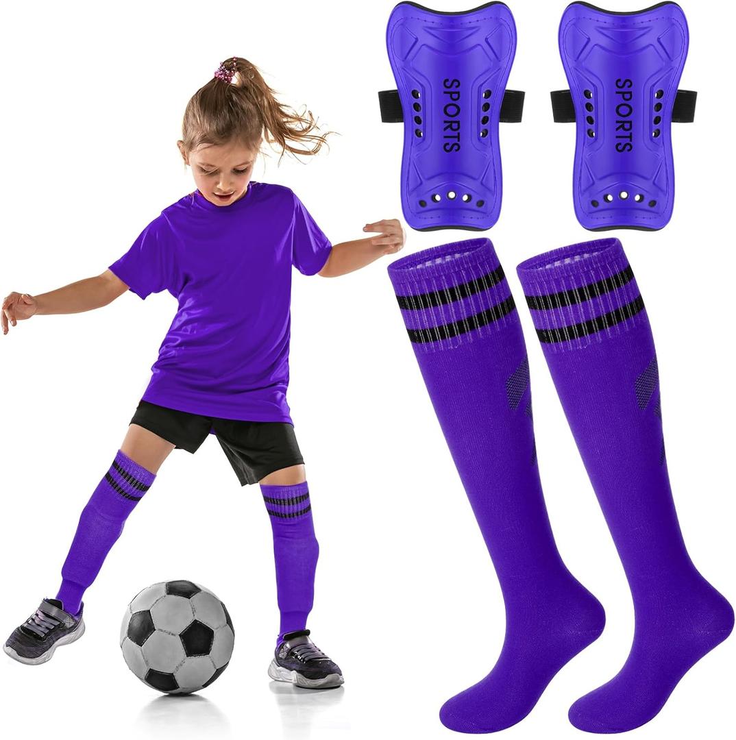 Syhood Soccer Shin Guards and Socks for Toddler Kids Youth, Lightweight Soccer Shin Pads Protective Defender Gear for 3-5, 5-10, 10-15 Years Old Children Teen Boys Girls Sports Game (Size M, Purple)