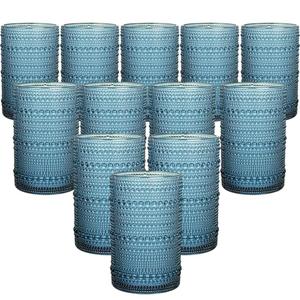 HomeVogue Vintage Hobnail Drinking Glasses Set of 12, 15oz Textured Tumblers - Embossed Blue Bar Glasses for Cocktails, Beer, Whiskey, Dishwasher-Safe Highball Cups for Kitchen, Juice & Mixed Drinks