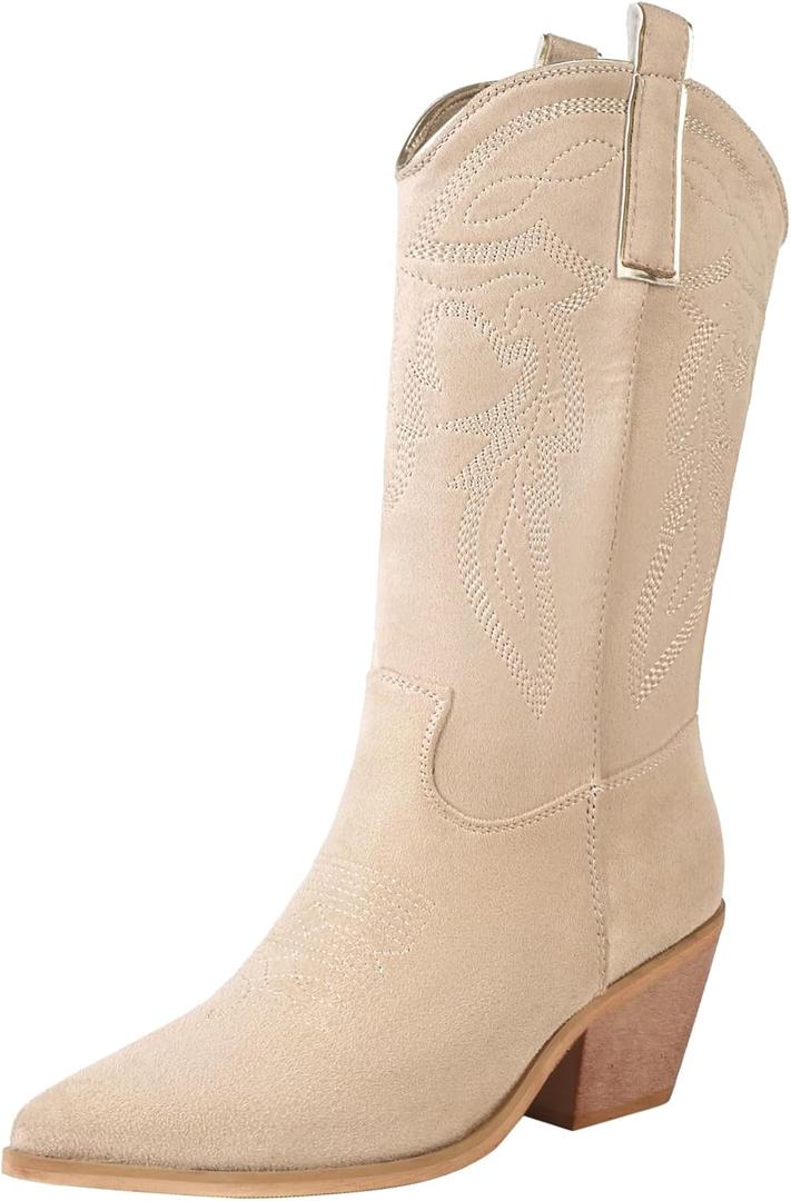 Reitoye Women's Embroidered Western Cowboy Boots Mid Calf Chunky Heel Pull-Up Tabs Classic Cowgirl Boot (6, Beige)