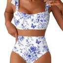 Herseas Women's Tie Shoulder Bikini Sets 2 Piece Striped Swimsuits High Waisted Bathing Suits, Size L