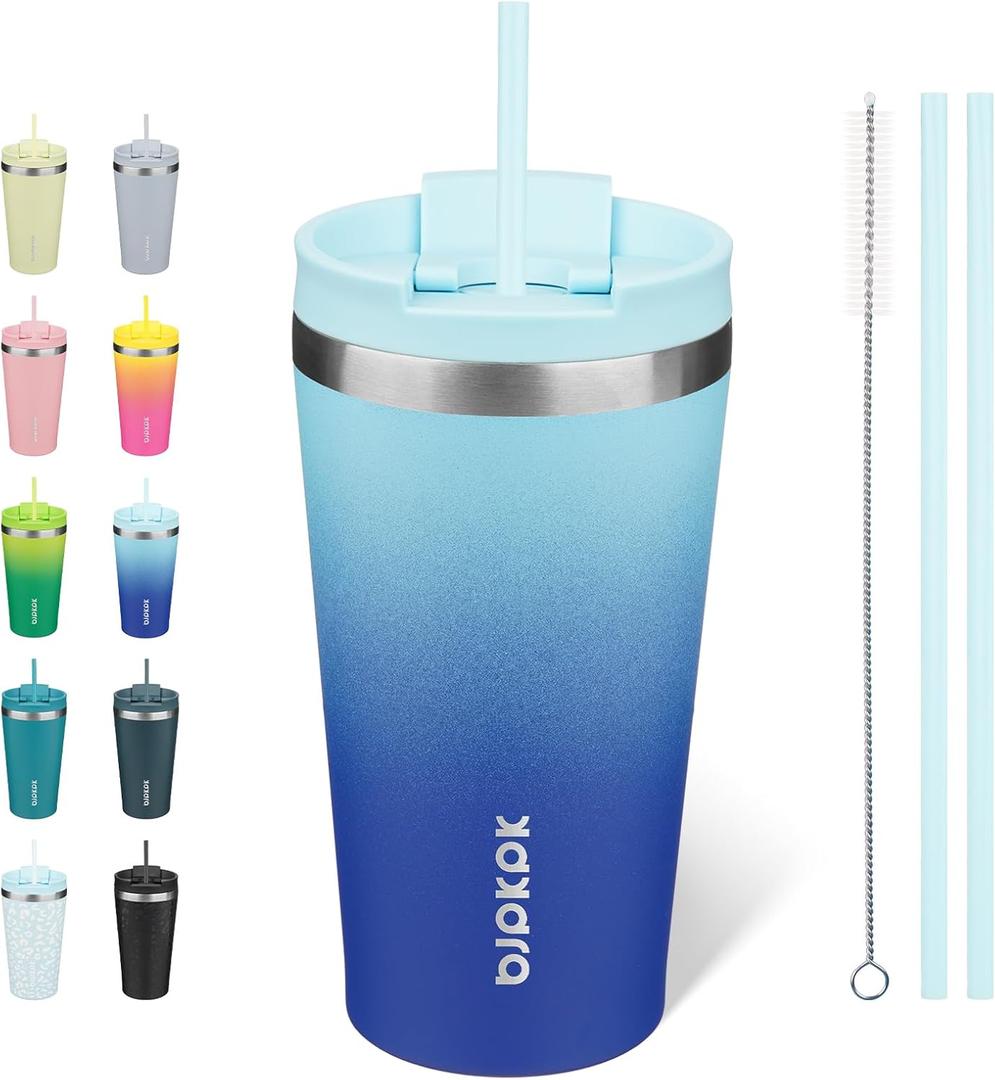 BJPKPK 18oz Insulated Tumbler With lid And Straw Stainless Steel Tumblers Travel Coffee Mug Reusable Thermal Cup,Sky