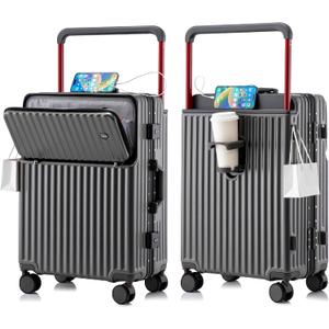 20 Inch Carry On Luggage with Spinner Wheels,Aluminum Frame PC Hard Shell Suitcase with USB Port,Lightweight Travel Luggage Airline Approved for Men Women (Iron Gray)