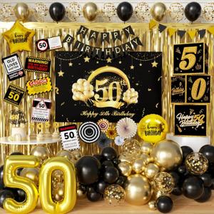 50th Birthday Party Decorations to 50 Years Old Party Supplies for Men with Balloons Garland kit, 50th Birthday Backdrop, Happy Birthday Banner, Foil Balloons and Curtains