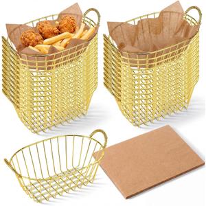 24 Pack Metal Wire Fast Food Baskets with 100 Food Blotting Sheets 7.3 x 4.6 x 3.4 Inch Oval Serving Baskets for Fries, Chicken, Sandwiches, Bread, and Snacks(Gold)