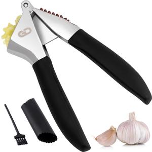Garlic Press Set Heavy Duty Rust-Resistant Garlic Crusher & Mincer with Ergonomic Handles, Easy Squeeze Manual Garlic Press, Cleaning Brush & Silicone Peeler, Large Chamber Kitchen Tool