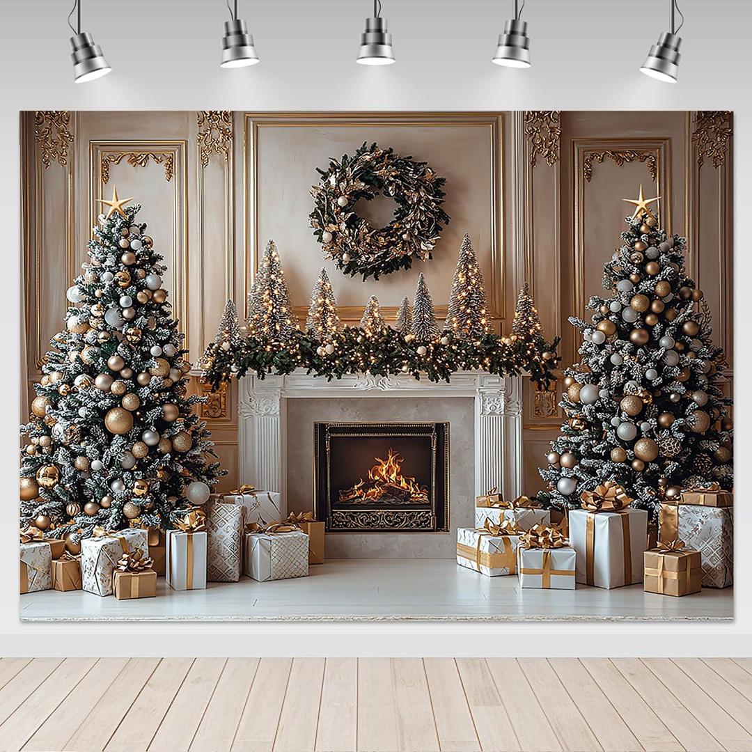 Mocsicka Christmas Fireplace Backdrop Gold Christmas Tree Fireplace Background Photography Decorations Christmas Eve Background Photo Props (10x8ft)