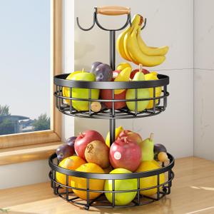 SAYZH 2-Tier Fruit Basket Bowl Vegetable Storage with Dual Banana Tree Hanger and Wood Lift Handle, Kitchen Countertop Metal Wire Basket for Bread Onions Potatoes (Black, 2 Tier)
