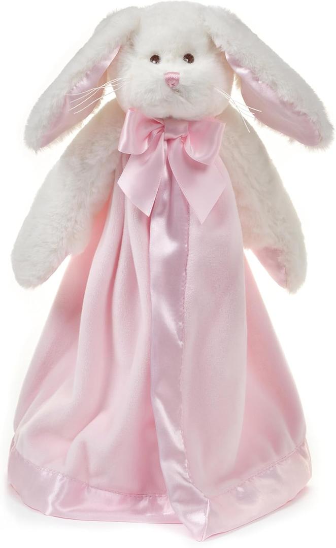 Bearington Baby Bunny Snuggler - 15" Pink Infant Security Blanket with Satin Trim and Plush Rabbit Head - Soft Cuddly Lovey for Girls and Newborns - Comfort Blanket Gift for Christenings and Showers