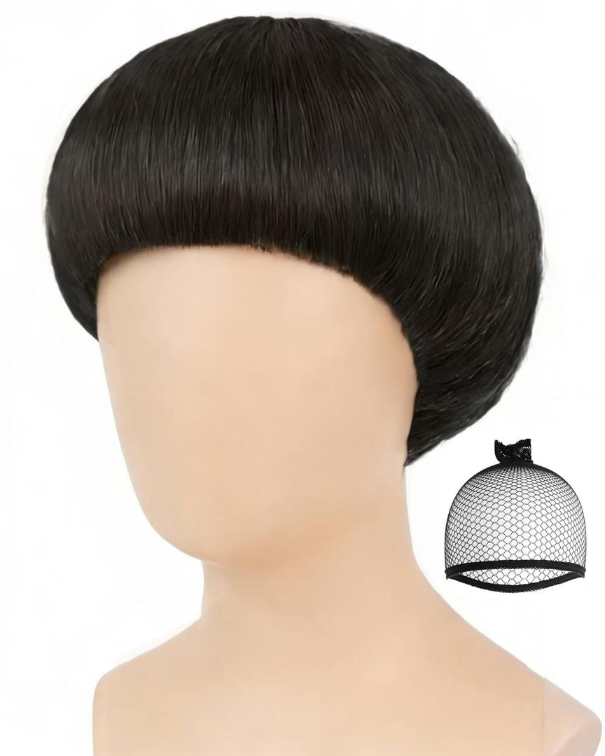 ANOGOL Hair Cap + Short Black Bowl Cut Wig Men with Bangs Black Mushroom Wigs 60s Wig Mens Funny Wigs for Movie Halloween Cosplay Costume Party Christmas