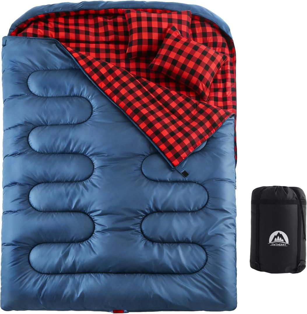 Swtmerry Double Sleeping Bag for Adults with 2 Pillows, Big & Tall Queen Size XL Sleeping Bag for 2 Person, Waterproof & Lightweight Warm for 3 Seasons, Cold Weather,Camping, Hiking & Backpacking (Blue/Red)
